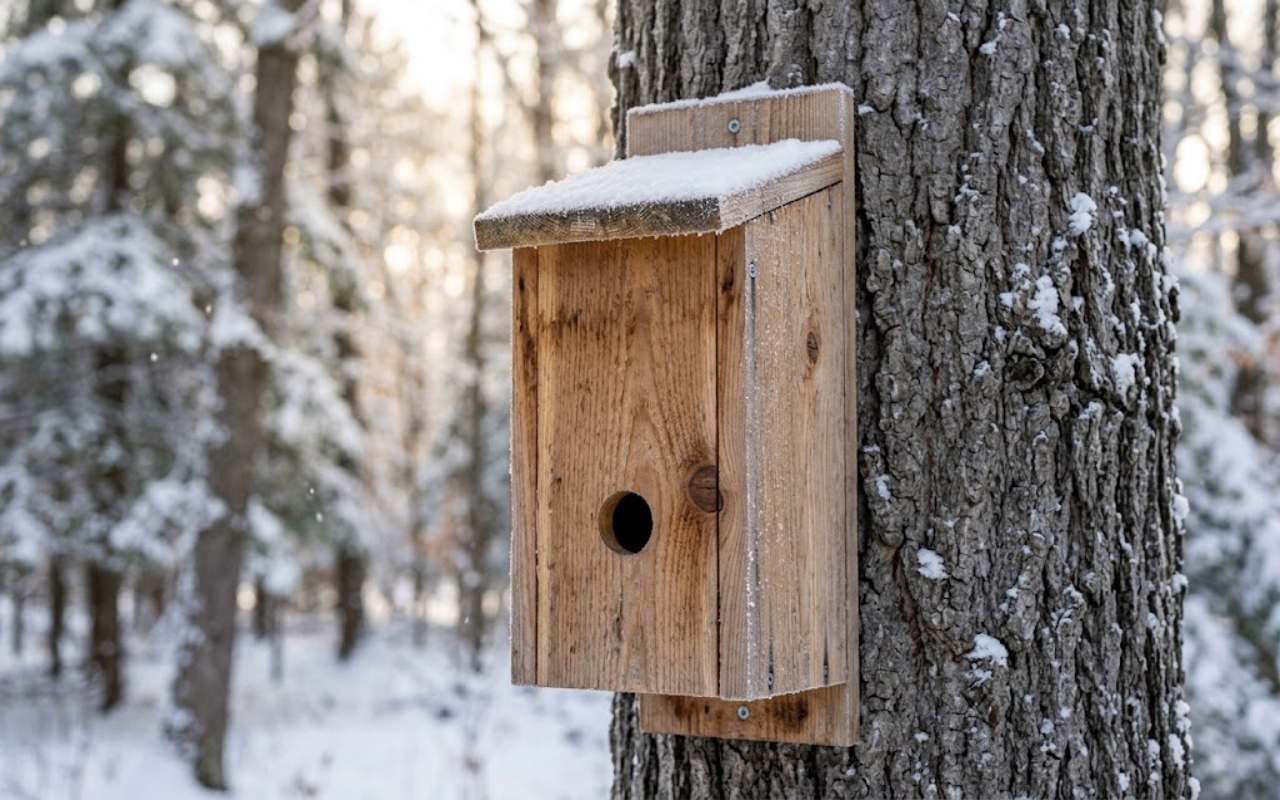 A rustic wooden bird roost box with an entry hole positioned near the bottom is mounted vertically to a thick tree trunk in a snow-covered winter forest.