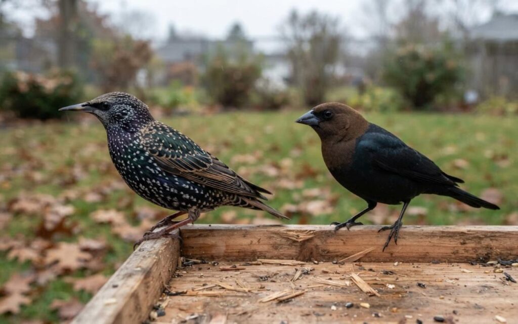 A raw, unedited birding photo showing a speckled European Starling standing next to a brown-headed cowbird on a cedar platform feeder on a cloudy morning.