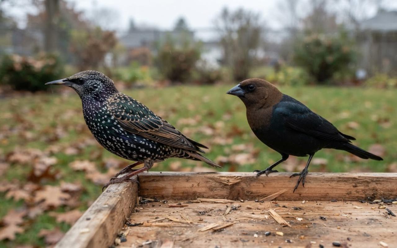 A raw, unedited birding photo showing a speckled European Starling standing next to a brown-headed cowbird on a cedar platform feeder on a cloudy morning.