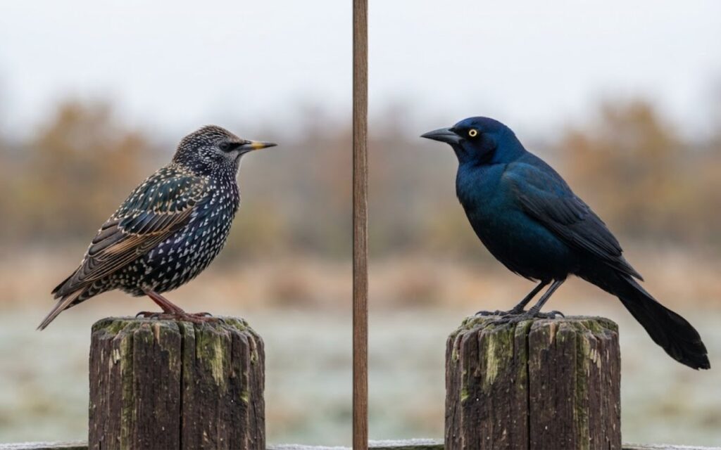 A side-by-side comparison photo showing a short-tailed, white-spotted European Starling on the left and a long-tailed, yellow-eyed Common Grackle on the right.