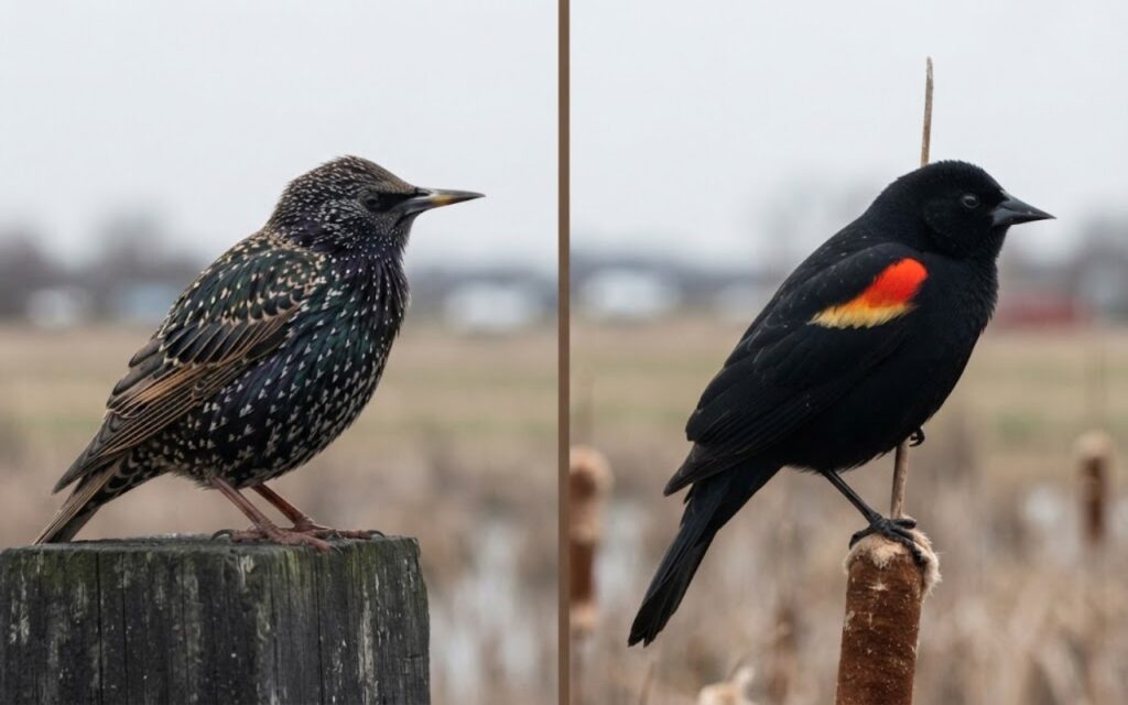A raw split-screen photo showing a heavily speckled iridescent European Starling on the left and a glossy black male Red-winged Blackbird with a red shoulder patch on the right.
