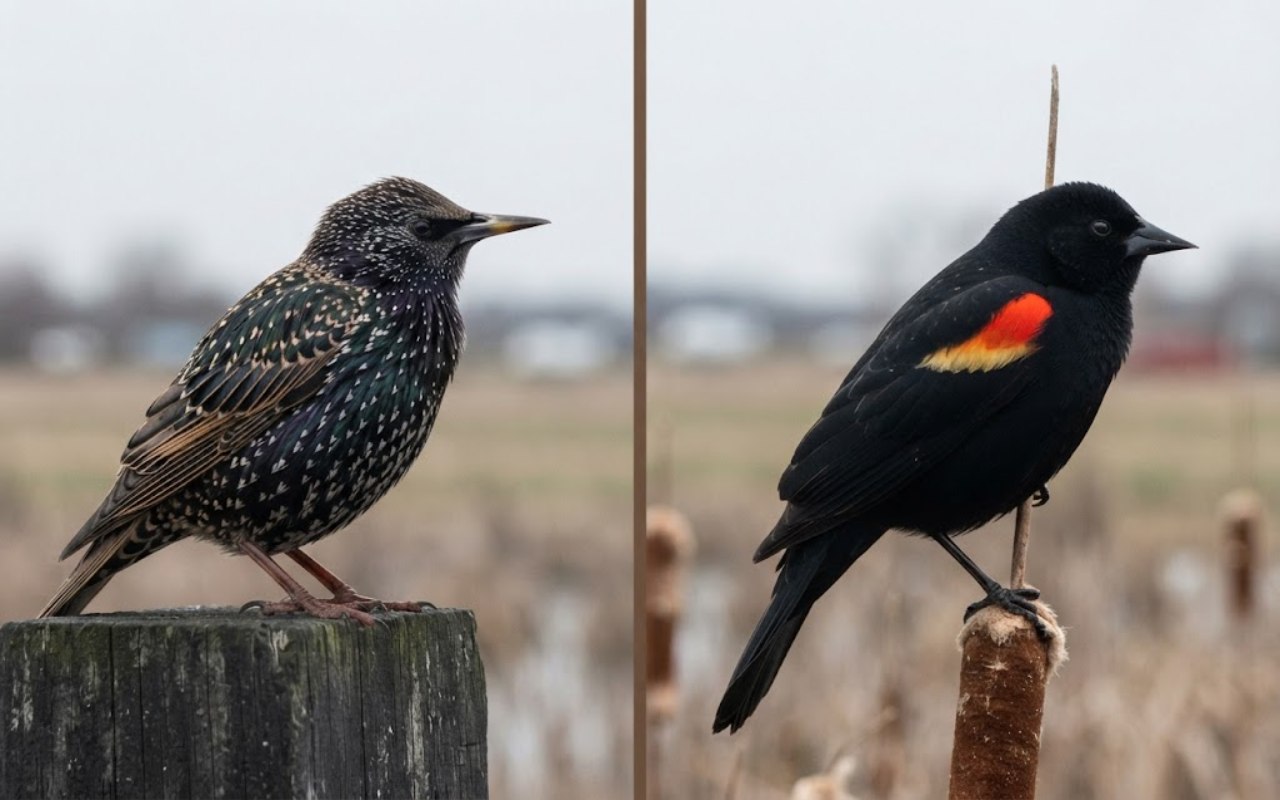 A raw split-screen photo showing a heavily speckled iridescent European Starling on the left and a glossy black male Red-winged Blackbird with a red shoulder patch on the right.