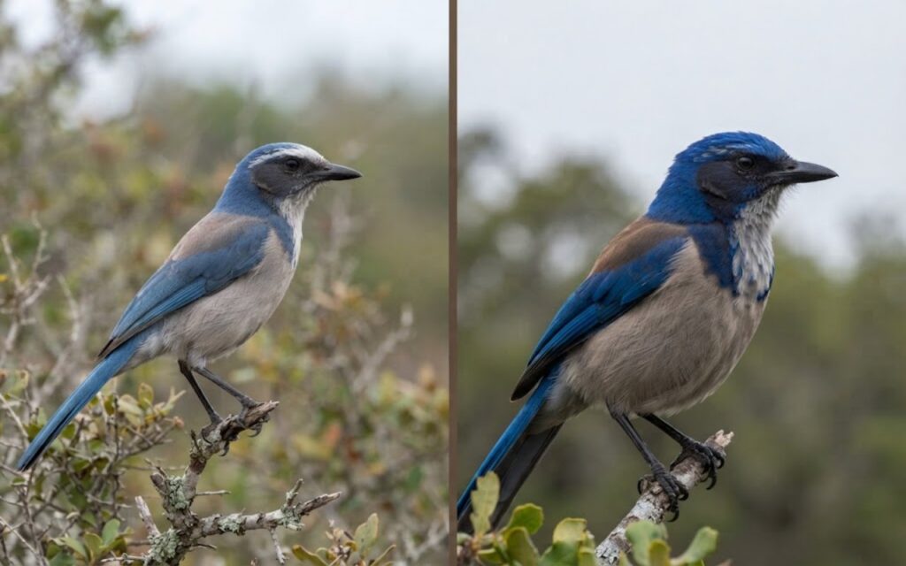 A split-screen photo showing a pale Florida Scrub-Jay with a white forehead on the left and a vibrant California Scrub-Jay with a bold blue breast necklace on the right.