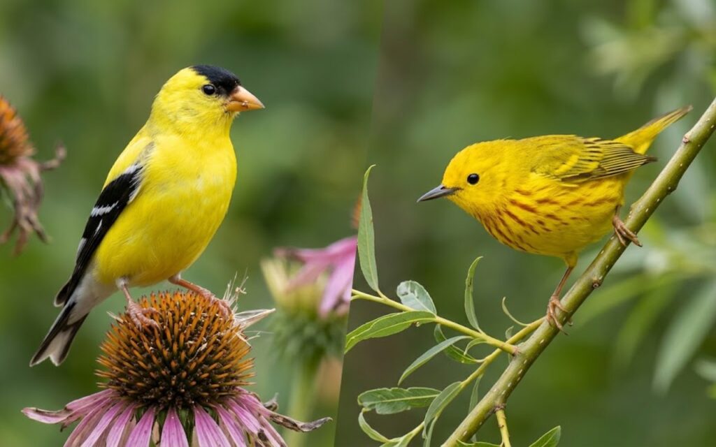 Side-by-side identification model illustrating a breeding male American Goldfinch on the left and a male Yellow Warbler on the right. Digitally generated for educational species comparison purposes.