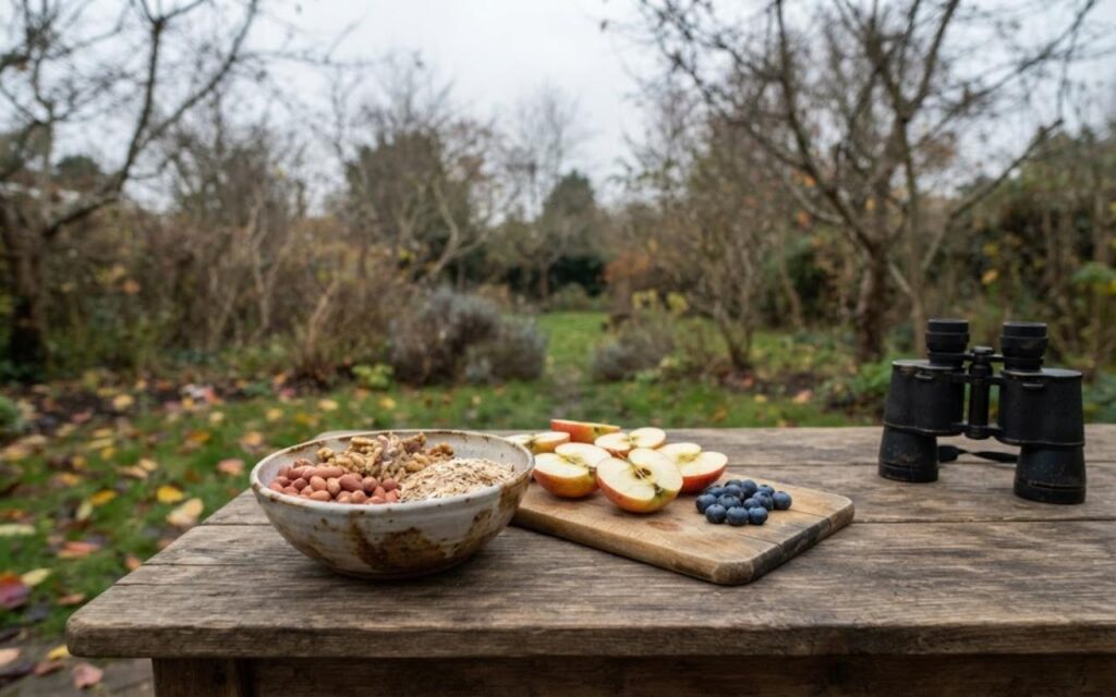 A raw, unedited backyard photo of a wood table holding a bowl of raw oats and unsalted nuts next to carved apple halves on a cloudy morning.