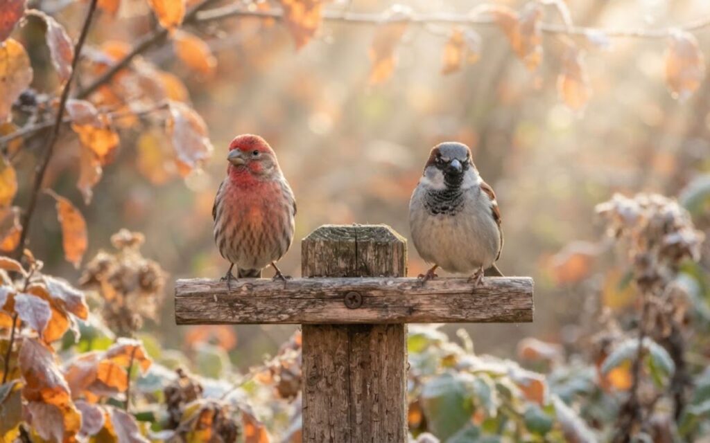 A real-world, unedited bird identification photo showing a red, streaked House Finch perched next to a grey-capped House Sparrow with a black bib on a cedar branch.