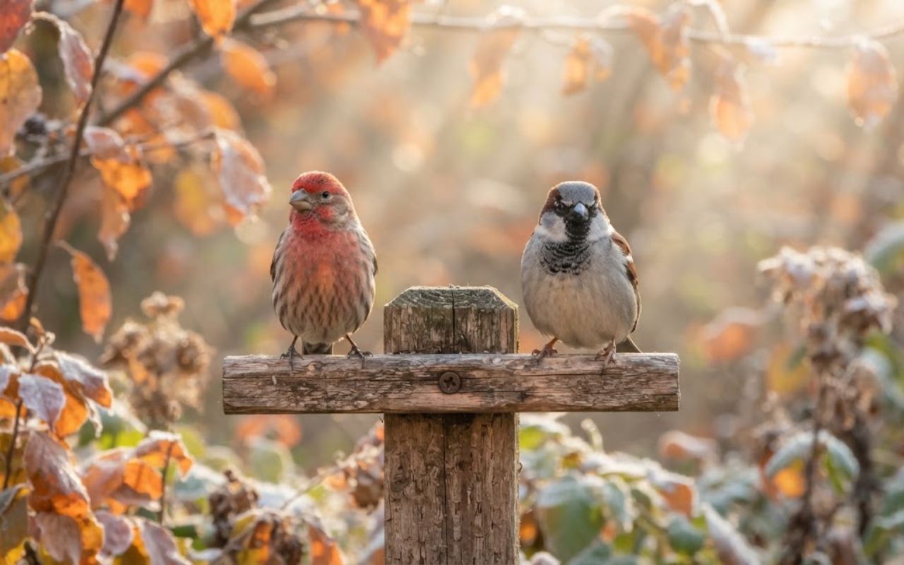 A real-world, unedited bird identification photo showing a red, streaked House Finch perched next to a grey-capped House Sparrow with a black bib on a cedar branch.