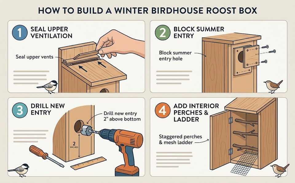 A four step instructional infographic vector illustration showing how to convert a birdhouse into a winter roost box by sealing ventilation, blocking the summer entry, drilling a new low hole, and adding staggered natural twigs and a mesh ladder.