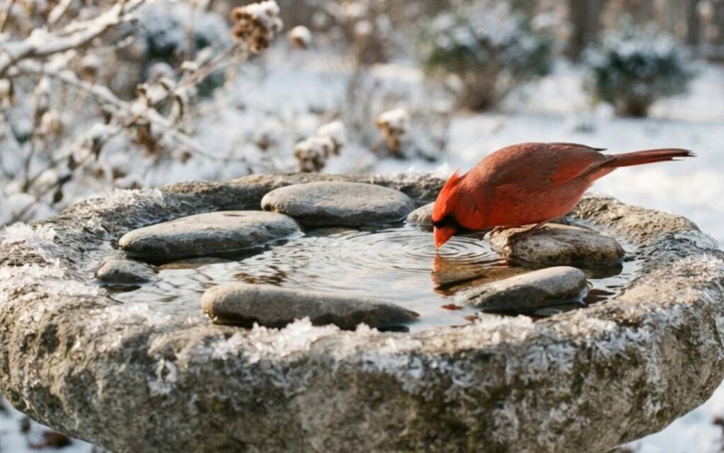 A winterized stone bird bath in the snow featuring flat river rocks inside the basin to allow a male Northern Cardinal to safely drink open water without freezing its plumage.