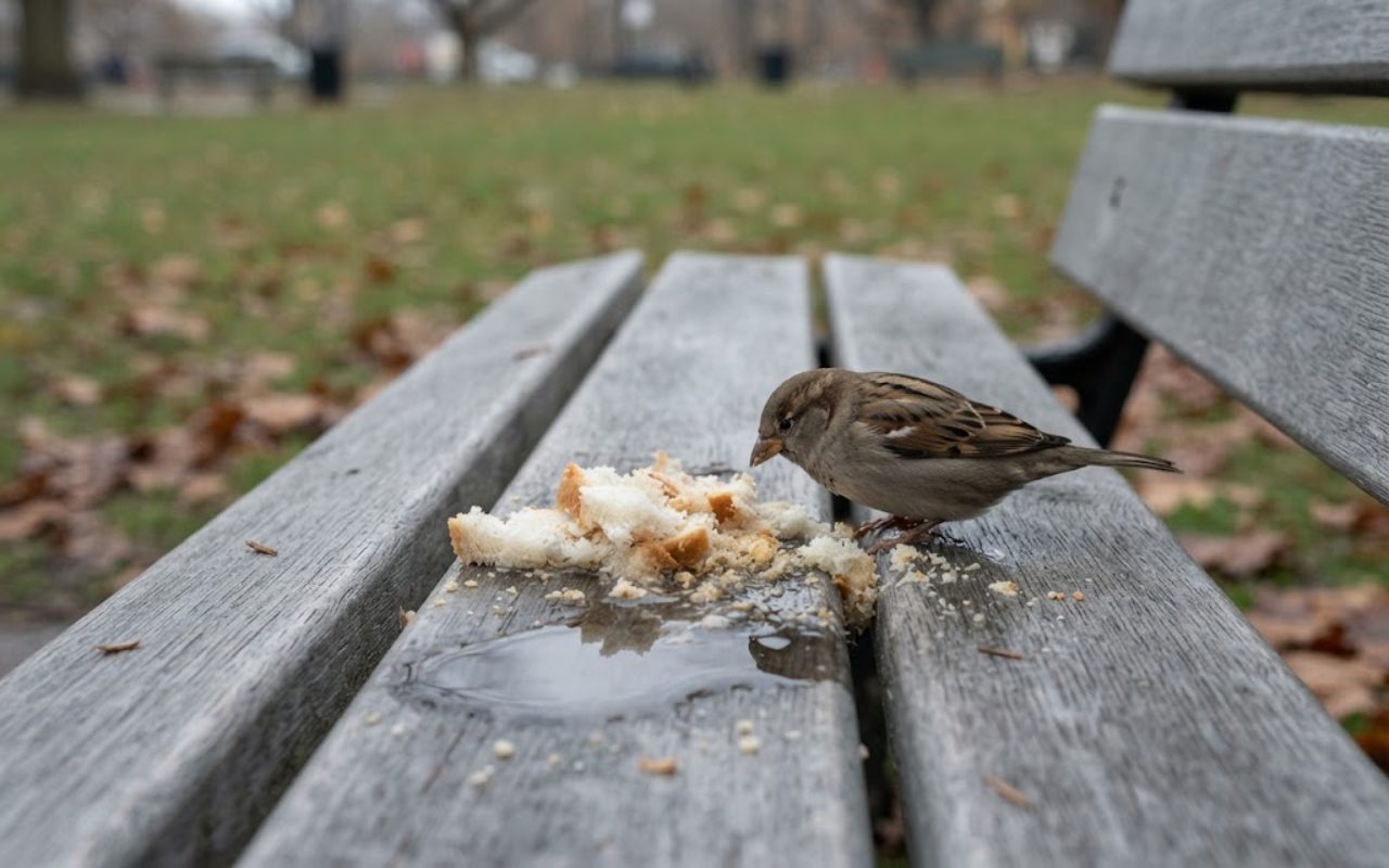 A raw, unedited photo of a small house sparrow standing next to a soggy pile of white bread crumbs on a weathered wooden park bench on an overcast morning.