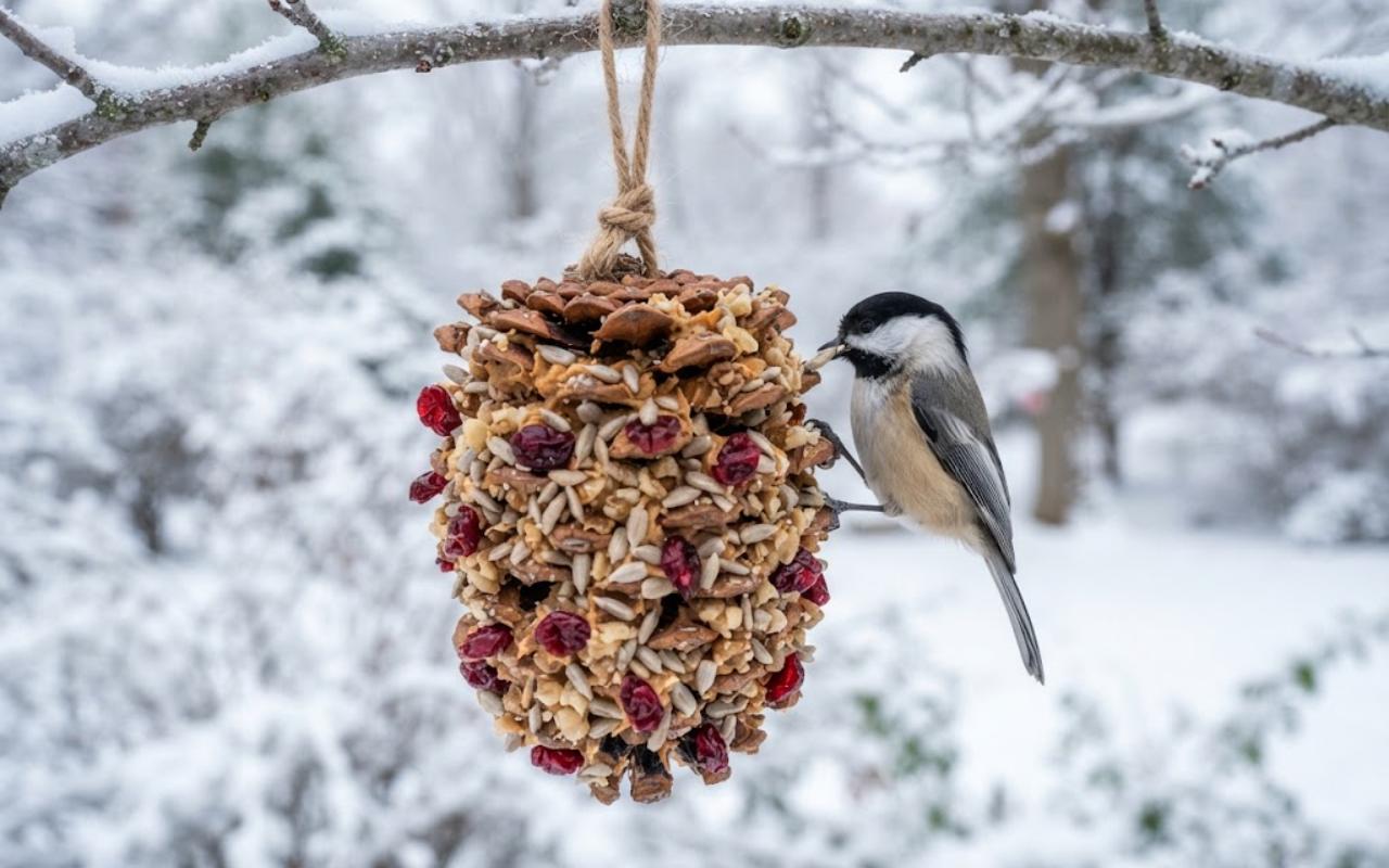 A Black-capped Chickadee perched on a festive DIY winter bluebird pinecone feeder rolled in premium hulled sunflower chips and bright red dried cranberries against a snowy winter backdrop.