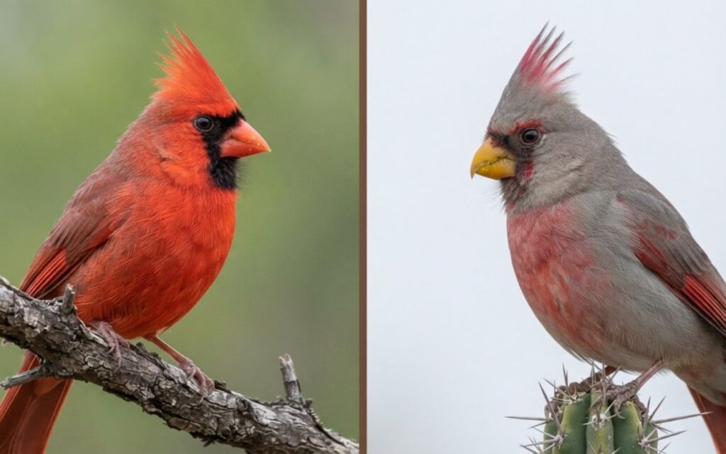 A raw split-screen photo showing a brilliant crimson Northern Cardinal with an orange beak on the left and a slate-gray Pyrrhuloxia with a curved yellow beak on the right.