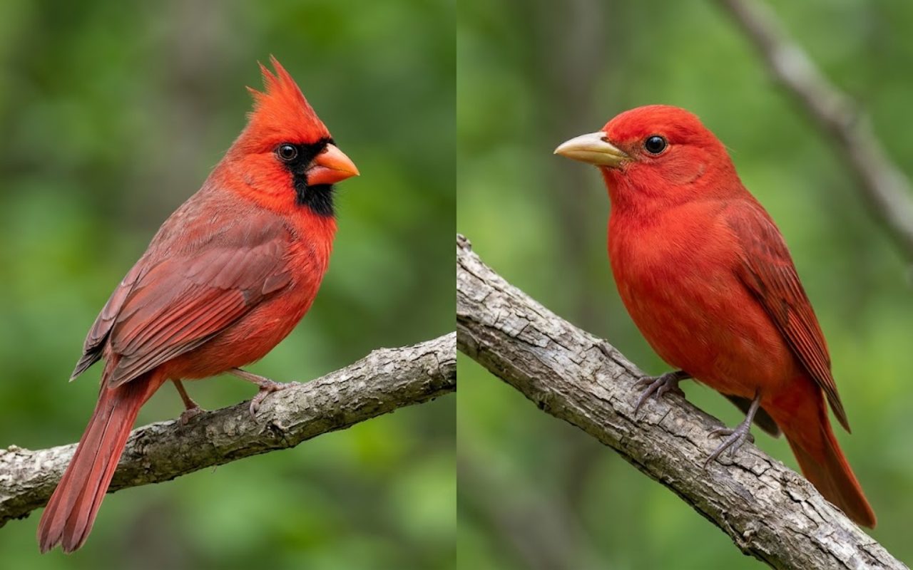 Side-by-side identification model illustrating a brilliant red male Northern Cardinal on the left and a solid red male Summer Tanager on the right. Digitally generated for educational species comparison purposes.