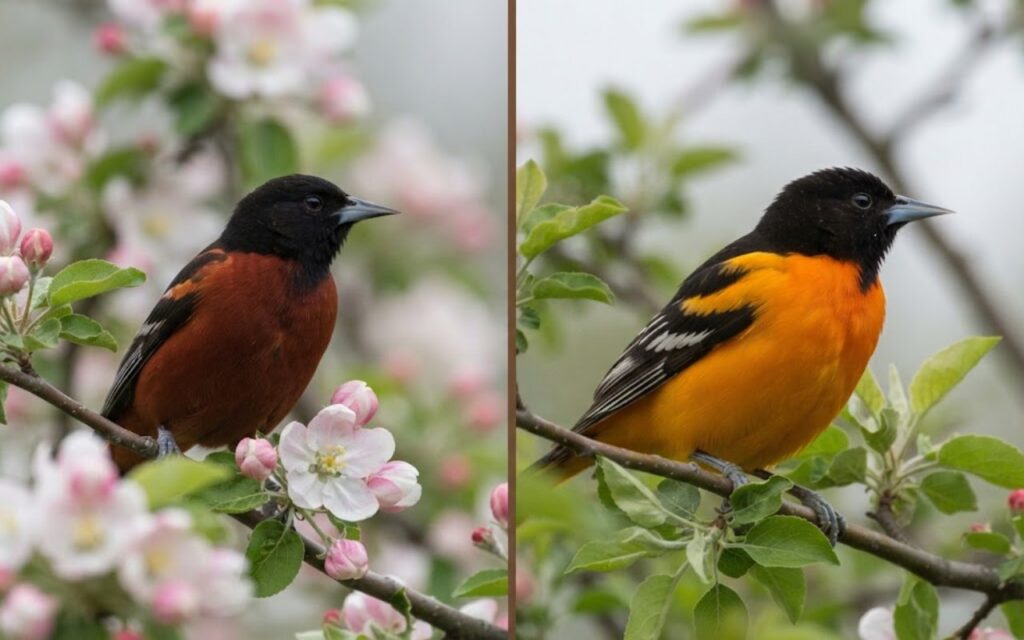 A split-screen photo showing a small Orchard Oriole with a brick-chestnut breast on the left and a larger Baltimore Oriole with a flame-orange breast on the right.