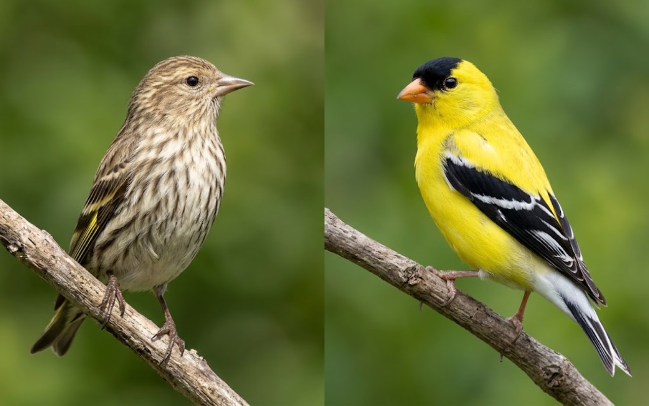 Side-by-side identification model illustrating a heavily streaked Pine Siskin on the left and a breeding male American Goldfinch on the right. Digitally generated for educational species comparison purposes.
