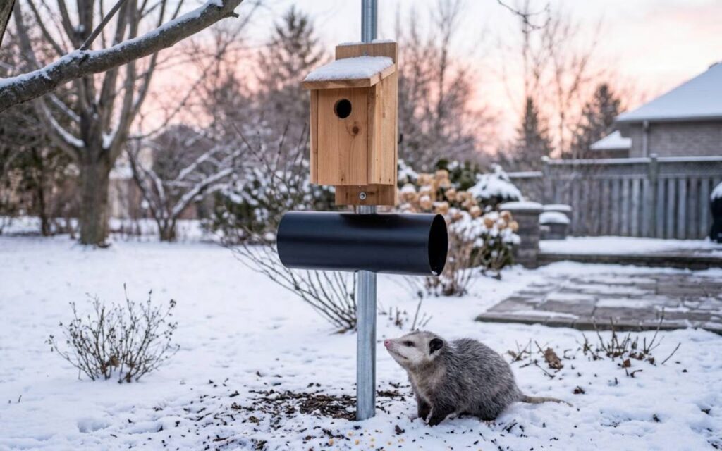A wooden cedar birdhouse mounted on a smooth metal pole with a protective black cylinder baffle stands in a snowy backyard while an opossum rests on the frozen ground below.