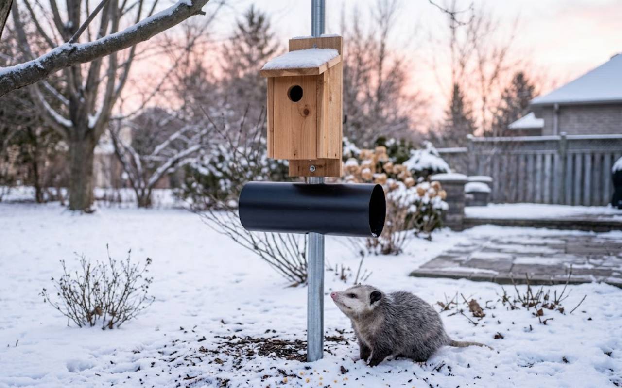 A wooden cedar birdhouse mounted on a smooth metal pole with a protective black cylinder baffle stands in a snowy backyard while an opossum rests on the frozen ground below.