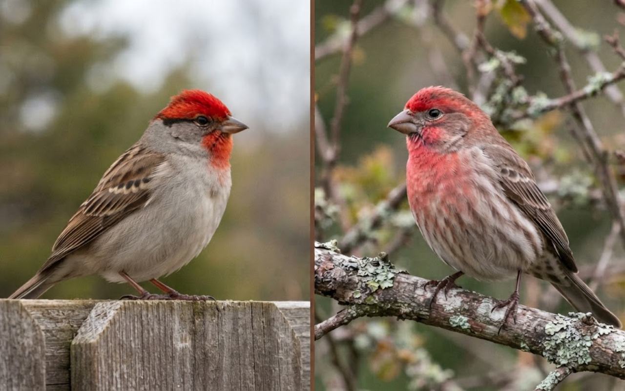 A split-screen photo illustrating the common mistake: on the left is a sparrow body edited with a red head to show what people think they see, contrasted on the right with an authentic male House Finch.