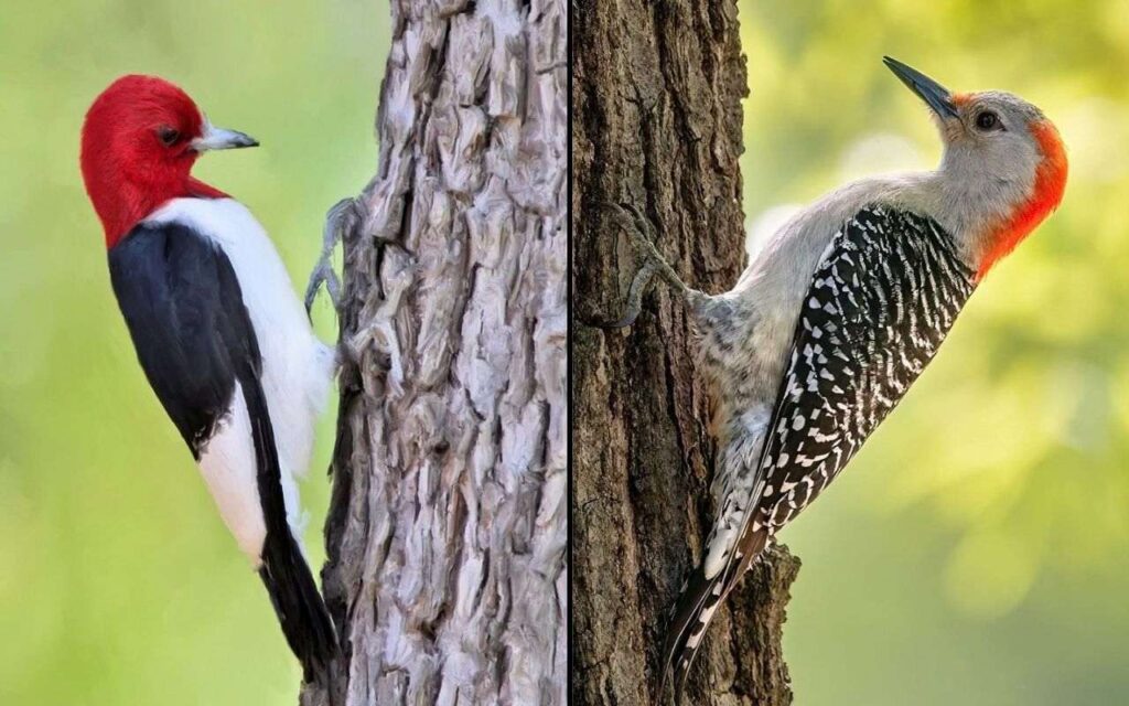 A split-screen identification guide showing a Red-headed Woodpecker with a solid red head and black-and-white body on the left, next to a Red-bellied Woodpecker with a red crown stripe and zebra-striped back on the right.