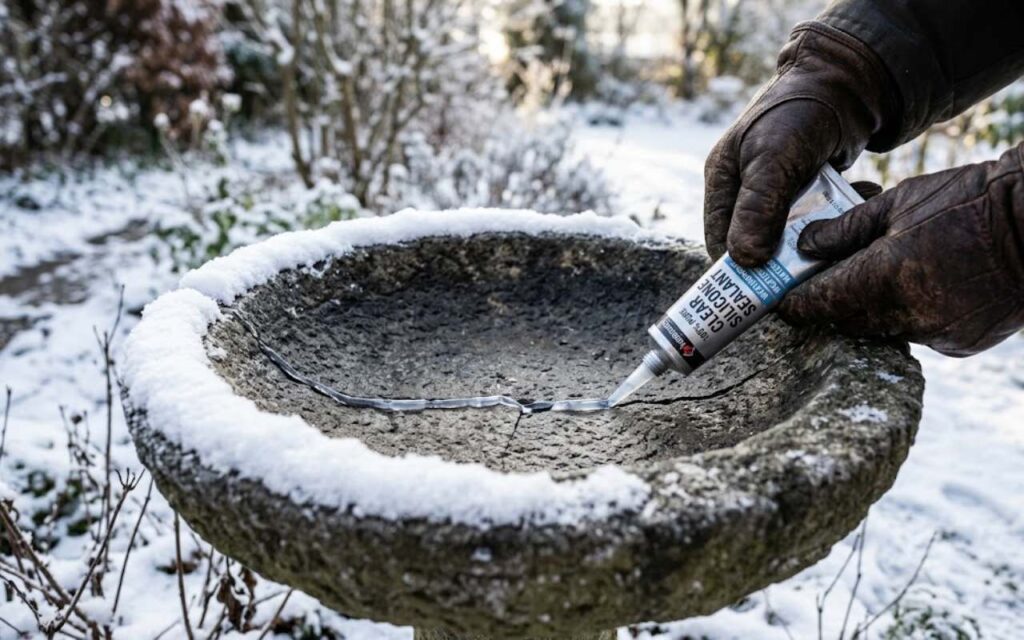 A close-up view of a clear bead of non-toxic silicone sealant being applied directly to a hairline crack inside a stone bird bath bowl during a snowy winter morning.