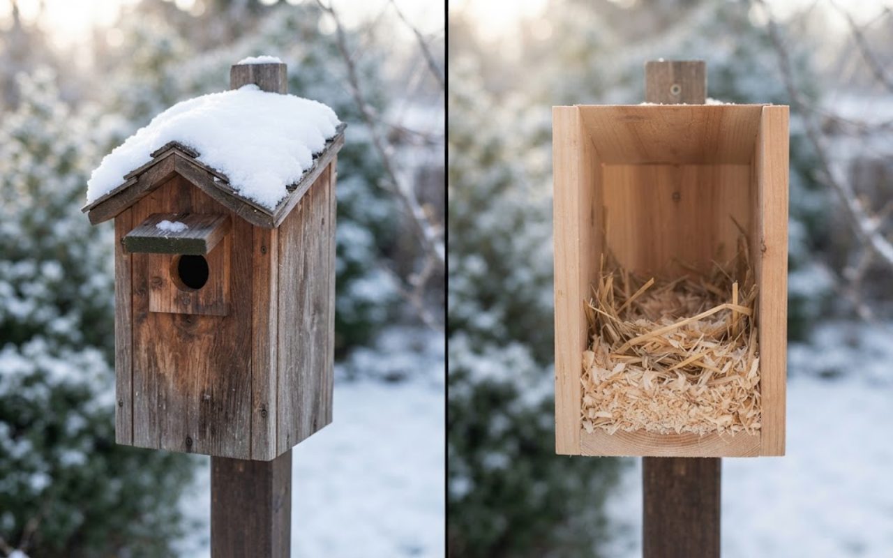 A split screen view showing the snow-covered exterior of a wooden birdhouse on a post on the left, and an interior view lined with dry pine shavings and straw on the right.