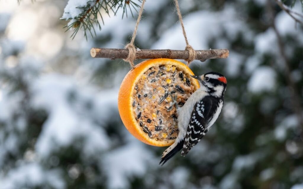A male Downy Woodpecker clinging to a homemade orange peel bird feeder filled with high-energy winter suet seed mix, anchored by a horizontal twig stabilizer against a snowy evergreen background.