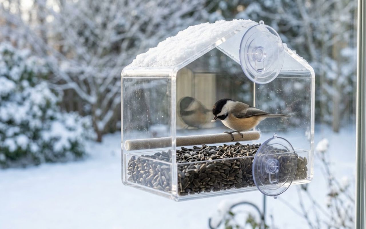 A clear acrylic house-shaped bird feeder filled with sunflower seeds is mounted to a window pane while a chickadee perches on the inner bar on a snowy winter day.