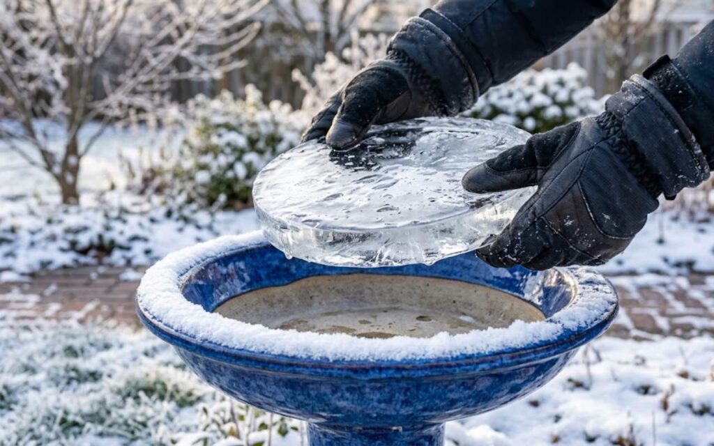 A close-up view of a thick disc of ice being lifted cleanly out of a deep blue ceramic bird bath bowl by a pair of gloved hands on a frosty, snow-covered winter morning.