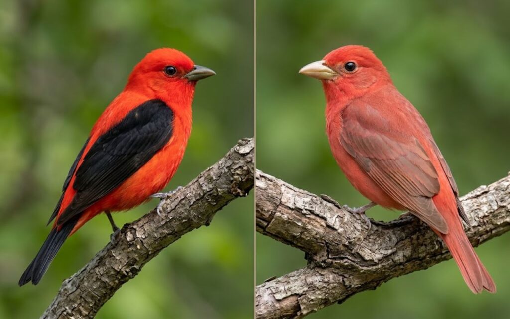 Side-by-side identification model illustrating a breeding male Scarlet Tanager with a bright red body and jet-black wings on the left, and a solid red male Summer Tanager on the right. Digitally generated for educational species comparison purposes.