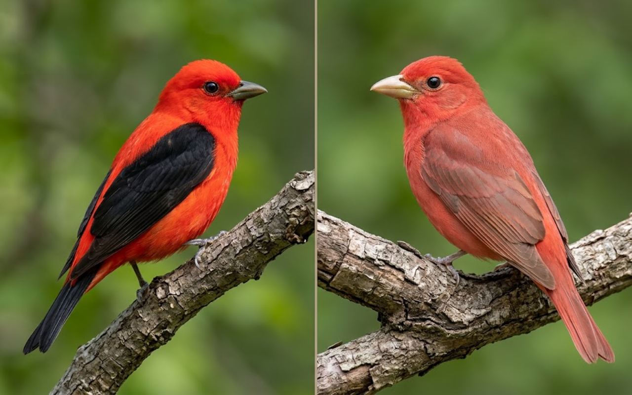 Side-by-side identification model illustrating a breeding male Scarlet Tanager with a bright red body and jet-black wings on the left, and a solid red male Summer Tanager on the right. Digitally generated for educational species comparison purposes.