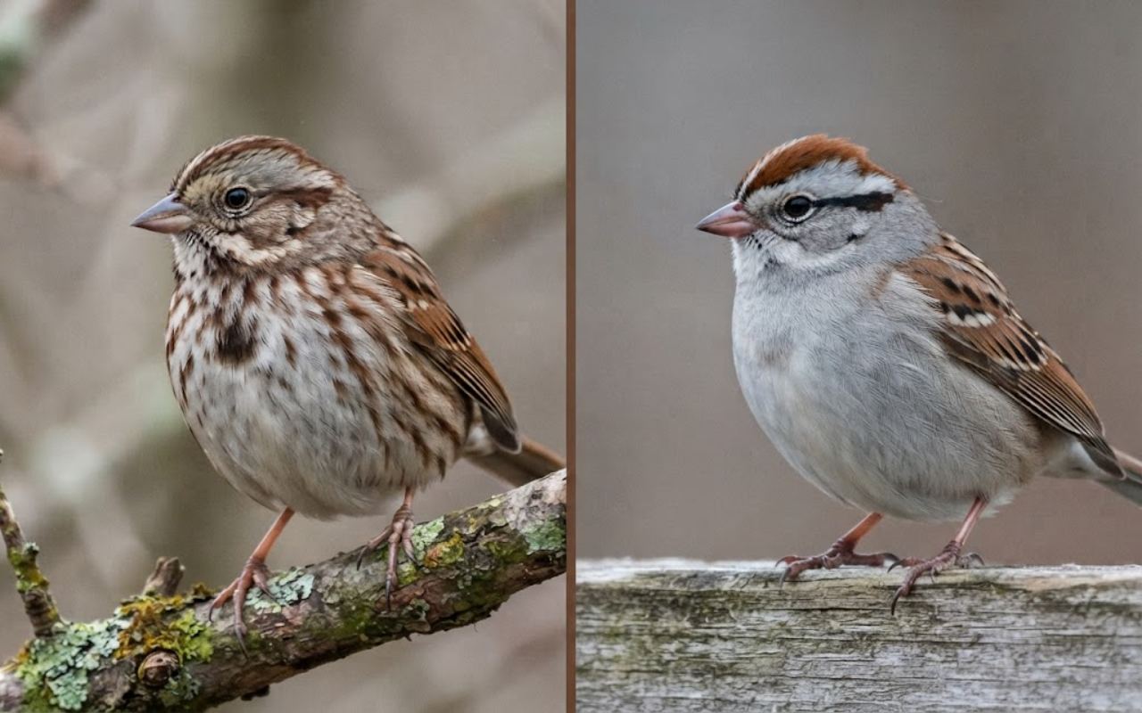 A raw split-screen photo showing a heavily streaked native Song Sparrow with a central chest spot on the left and an unstreaked gray-breasted Chipping Sparrow with a rufous cap on the right.