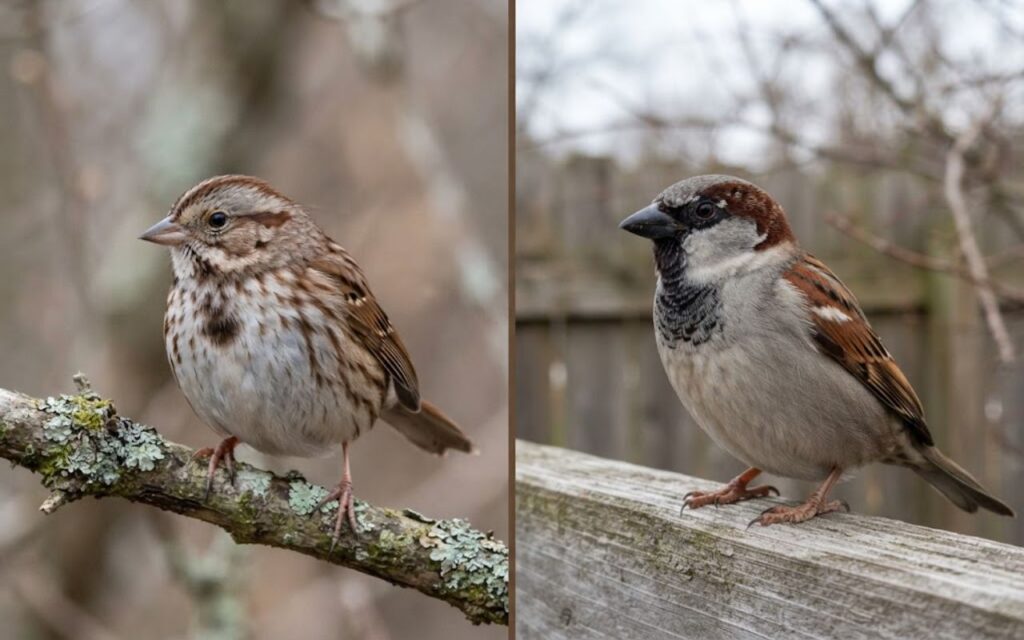 A raw split-screen photo showing a heavily streaked native Song Sparrow with a central chest spot on the left and an unstreaked gray-breasted male House Sparrow with a black bib on the right.