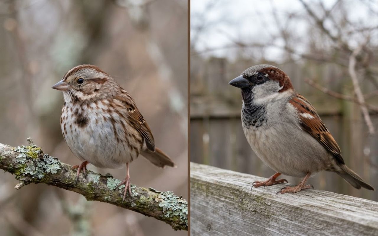 A raw split-screen photo showing a heavily streaked native Song Sparrow with a central chest spot on the left and an unstreaked gray-breasted male House Sparrow with a black bib on the right.