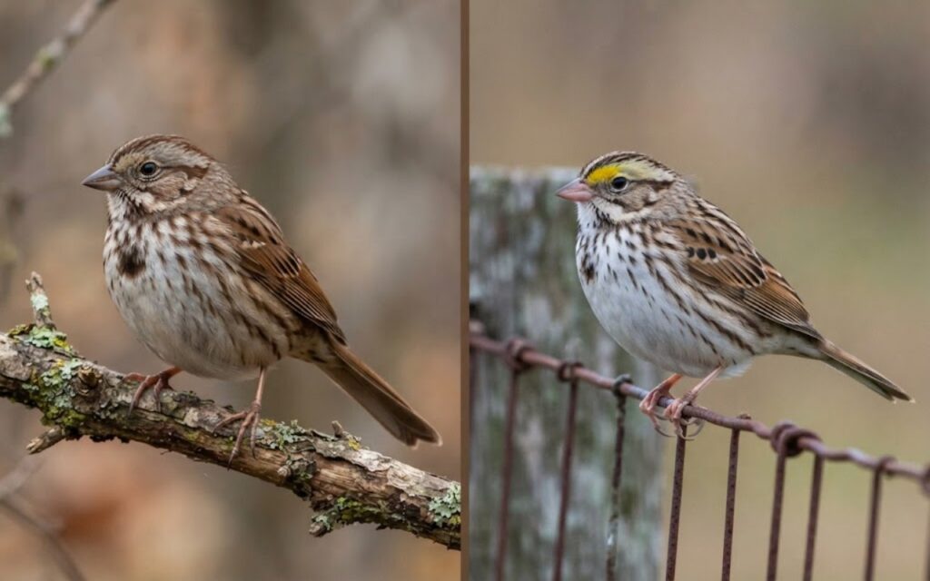 A raw split-screen photo showing a long-tailed Song Sparrow with blurry breast streaking on the left and a short-tailed Savannah Sparrow with a yellow eyebrow patch on the right.