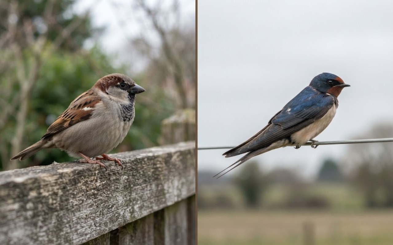 A raw split-screen photo showing a plump House Sparrow with a heavy conical beak on the left and a sleek Barn Swallow with pointed wings and a forked tail on the right.