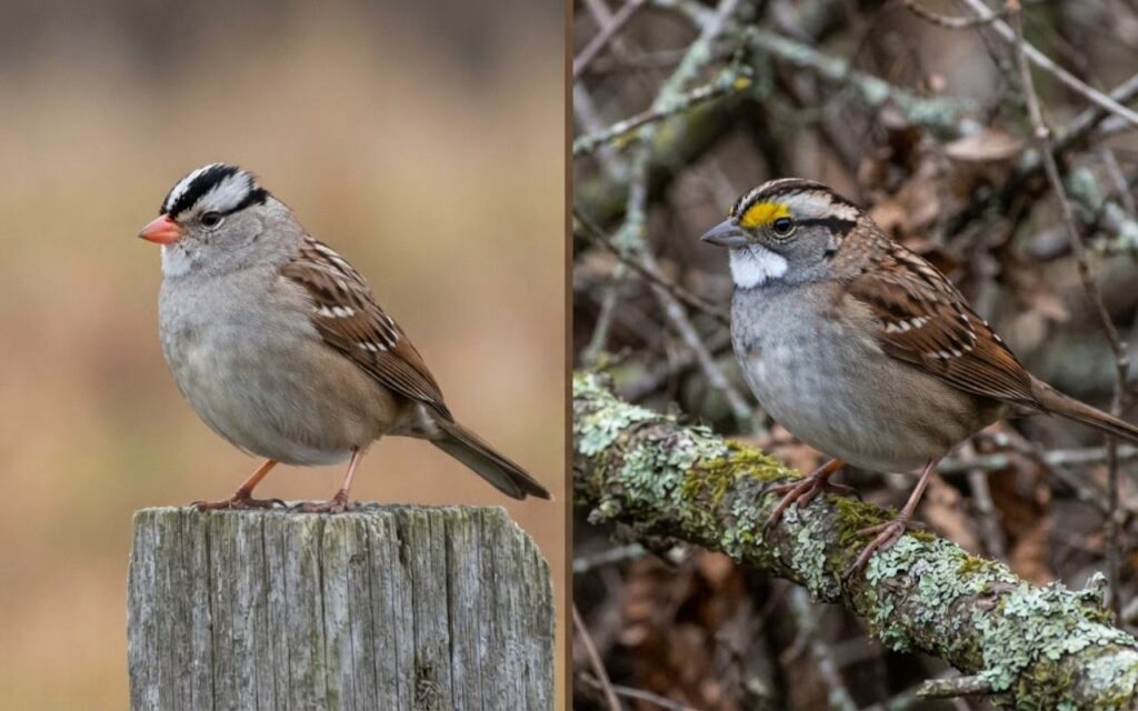 A raw split-screen photo showing a White-Crowned Sparrow with an orange beak and gray throat on the left, and a White-Throated Sparrow with a white bib and yellow lores on the right.