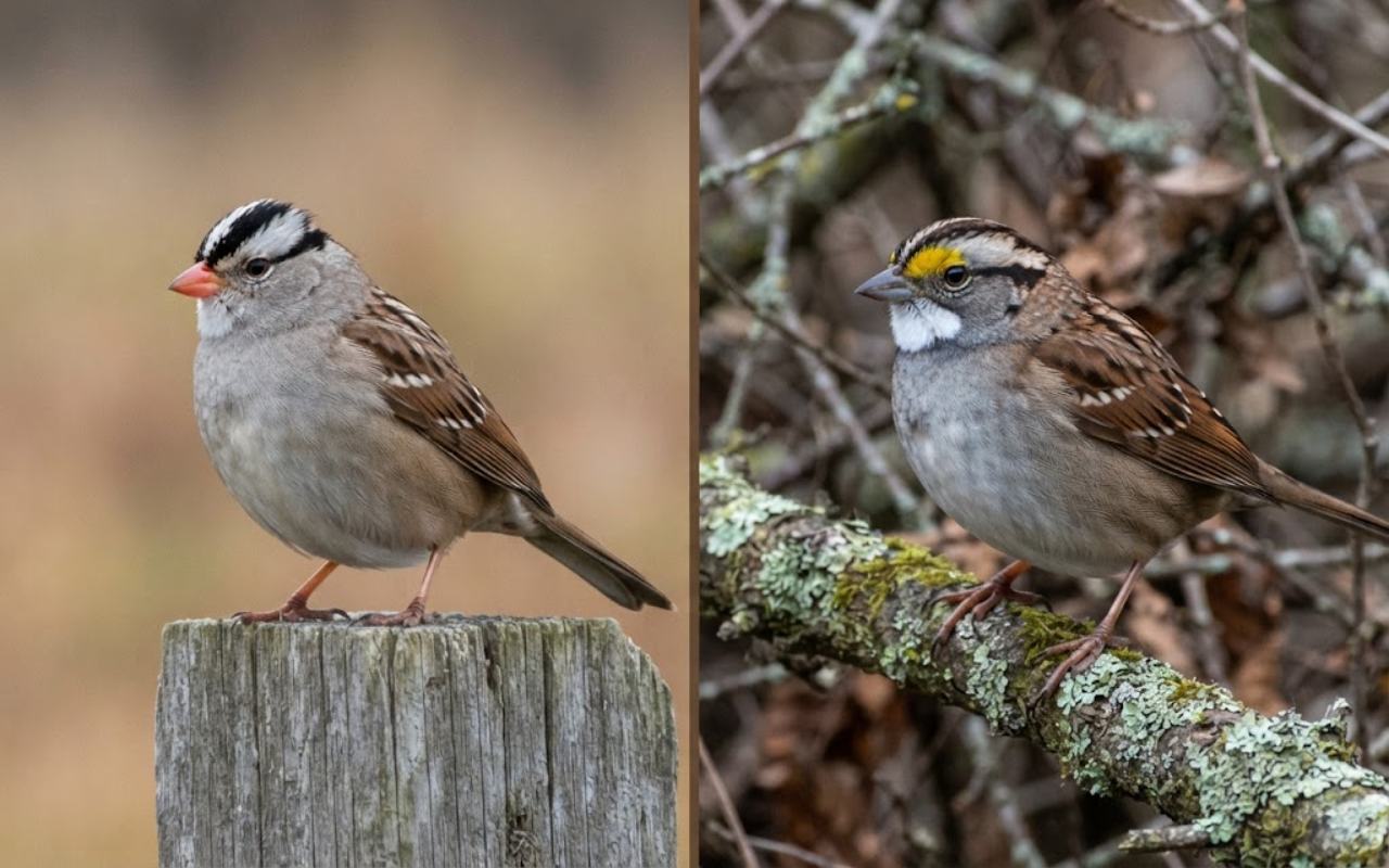 A raw split-screen photo showing a White-Crowned Sparrow with an orange beak and gray throat on the left, and a White-Throated Sparrow with a white bib and yellow lores on the right.