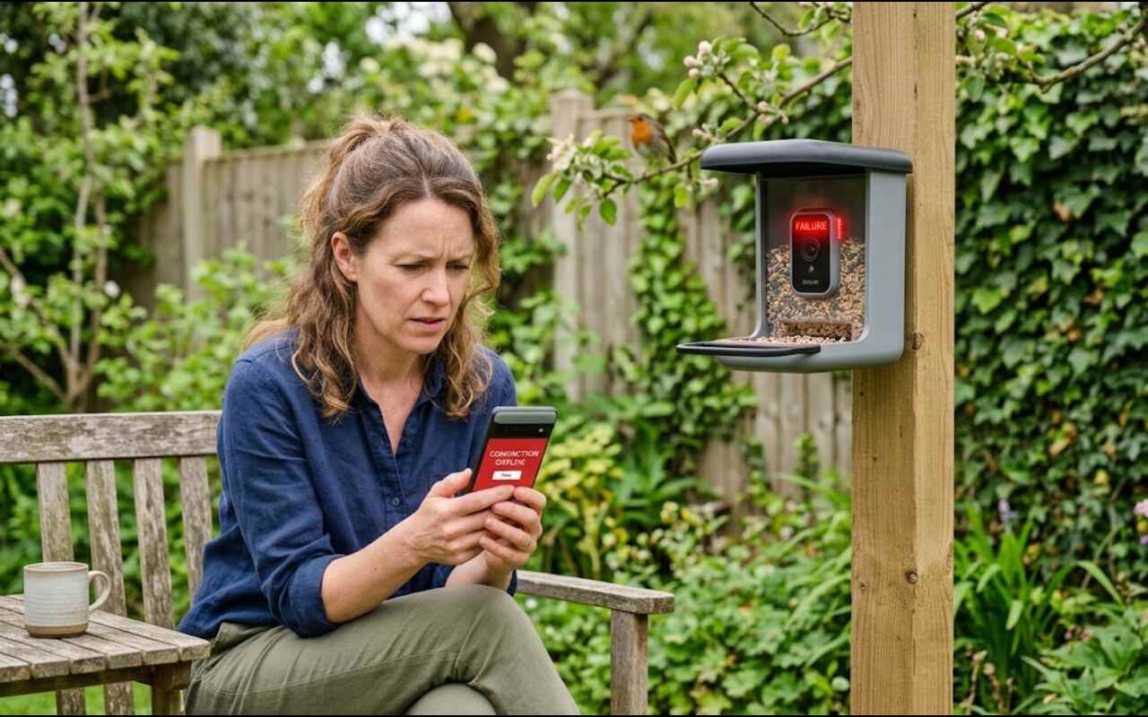 A frustrated woman looking at an offline error message on her smartphone next to a disconnected smart bird feeder mounted on a wooden post in a backyard garden.