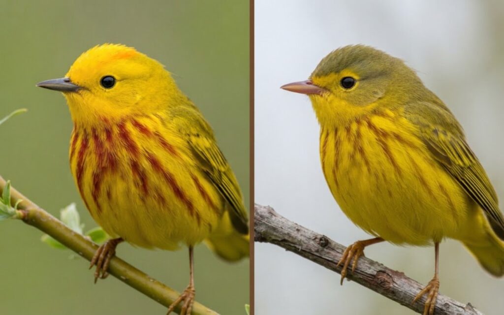 A raw split-screen photo showing a brilliant golden-crowned Yellow Warbler with thick chest streaks on the left and an olive-crowned Northern Yellow Warbler with fine streaks on the right.